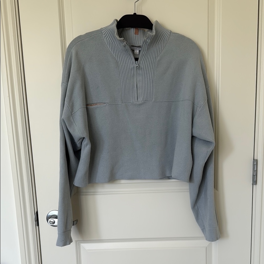 Lunya Cozy Cotton Silk Zip Pullover Cropped Sweater in Chilled Blue